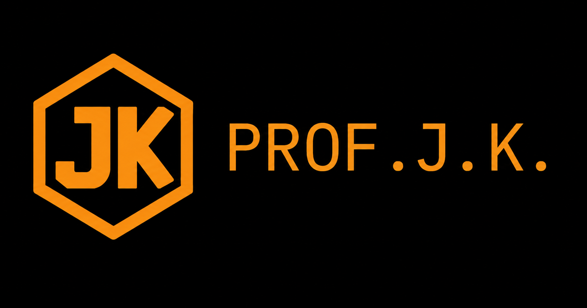 六角形のJ.K.ロゴとPROF. J.K.の文字